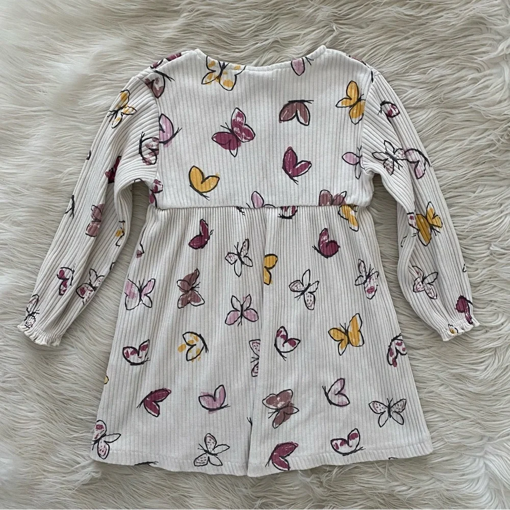 Zara Girl Cream Gray Ribbed Pink Butterfly Button Front Long Sleeve Dress